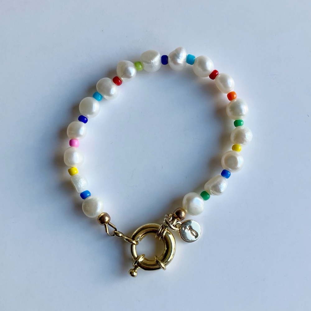 Jenny Bird Pearl Rainbow Beaded Bracelet Gold Clasp Valentine’s Day Gifts Pride